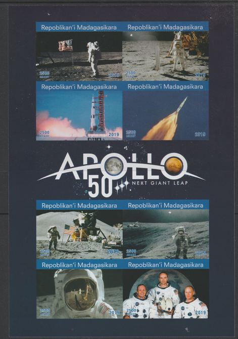 Madagascar 2019 Fifty Years of Apollo imperf sheetlet containing 8 values unmounted mint. Note this item is privately produced and is offered purely on its thematic appeal, it has no postal validity, stamps on , stamps on  stamps on space, stamps on  stamps on apollo