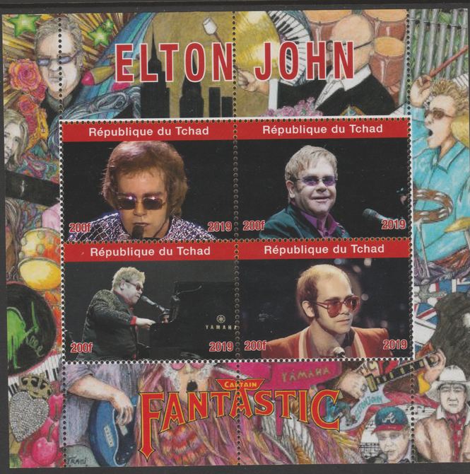 Chad 2019 Elton John perf sheetlet containing 4 values unmounted mint. , stamps on music, stamps on pops, stamps on rock, stamps on elton john