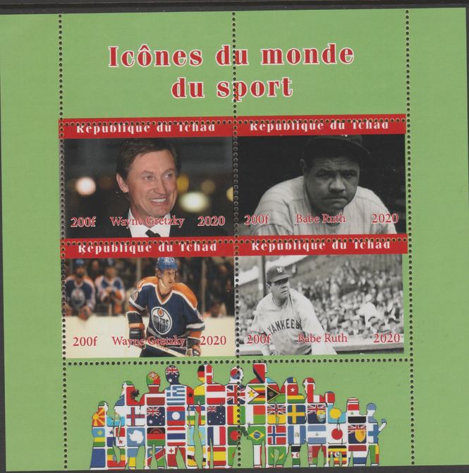 Chad 2020 Icons from the World of Sport #1 perf sheetlet containing 4 values unmounted mint. , stamps on sport, stamps on baseball, stamps on ice hockey, stamps on flags