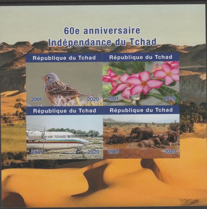 Chad 2020 60th Anniversary of Independence #1 imperf sheetlet containing 4 values unmounted mint. , stamps on birds, stamps on flowers, stamps on aviation, stamps on animals, stamps on elephants