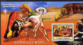 St Thomas & Prince Islands 2007 Dinosaurs large perf s/sheet containing 1 value (Scout logo in background) unmounted mint, stamps on animals, stamps on dinosaurs, stamps on scouts