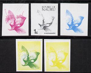Nauru 1973 Plant (Ekwenababae) 1c definitive (SG 99) set of 5 unmounted mint IMPERF progressive proofs on gummed paper (blue, magenta, yelow, black and blue & yellow), stamps on flowers