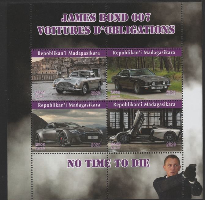 Madagascar 2020 James Bond Cars perf sheetlet containing 4 values unmounted mint, stamps on cars.james bond
