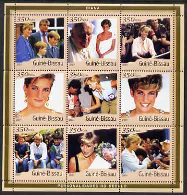 Guinea - Bissau 2001 Princess Diana perf sheetlet containing 9 values (9 x 350 FCFA) unmounted mint Mi 1929-37, stamps on personalities, stamps on royalty, stamps on diana