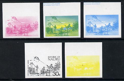 Nauru 1973 Catching Noddy Birds 30c definitive (SG 110) set of 5 unmounted mint IMPERF progressive proofs on gummed paper (blue, magenta, yelow, black and blue & yellow), stamps on birds