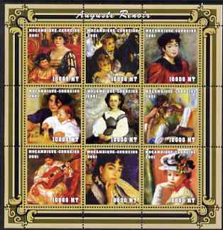 Mozambique 2001 Paintings by Auguste Renoir perf sheetlet containing 9 values unmounted mint (9 x 10,000 MT) Mi 2070-78, Sc 1486, stamps on arts, stamps on renoir, stamps on women