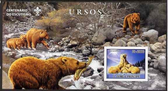 St Thomas & Prince Islands 2007 Bears large imperf s/sheet containing 1 value (Scout logo in background) unmounted mint, stamps on animals, stamps on bears, stamps on scouts