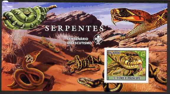 St Thomas & Prince Islands 2007 Snakes large imperf s/sheet containing 1 value (Scout logo in background) unmounted mint, stamps on animals, stamps on reptiles, stamps on snakes, stamps on scouts, stamps on snake, stamps on snakes, stamps on 