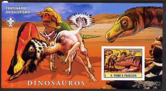 St Thomas & Prince Islands 2007 Dinosaurs large imperf s/sheet containing 1 value (Scout logo in background) unmounted mint, stamps on animals, stamps on dinosaurs, stamps on scouts