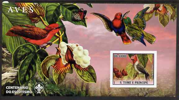 St Thomas & Prince Islands 2007 Birds #1 large imperf s/sheet containing 1 value (Scout logo in background) unmounted mint, stamps on birds, stamps on scouts