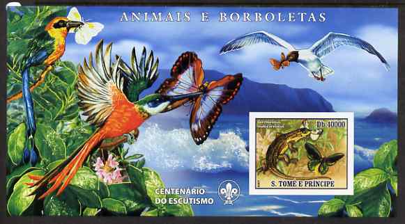 St Thomas & Prince Islands 2007 Animals & Butterflies #1 large imperf s/sheet containing 1 value (Scout logo in background) unmounted mint, stamps on birds, stamps on animals, stamps on butterflies, stamps on reptiles, stamps on lizards, stamps on scouts