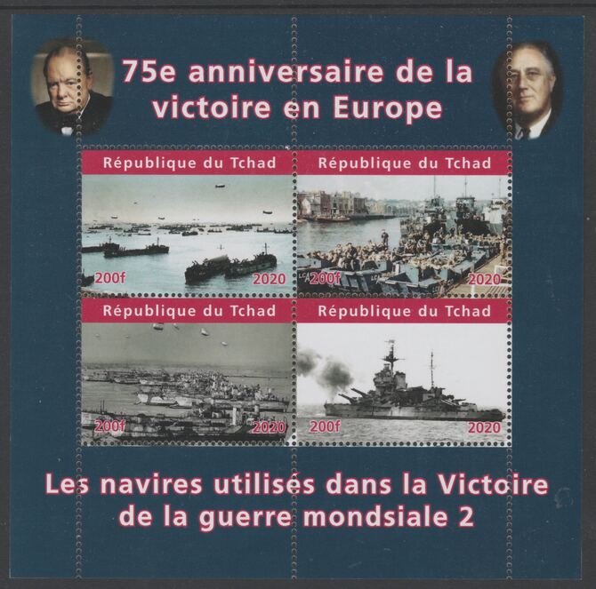 Chad 2020 75th Anniversary of Victory in Europe #2 perf sheetlet containing 4 values unmounted mint. Note this item is privately produced and is offered purely on its thematic appeal, stamps on ships, stamps on  ww2 , stamps on churchill, stamps on roosevelt
