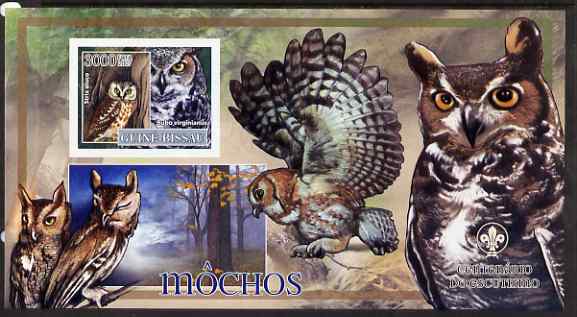 Guinea - Bissau 2007 Birds - Owls #1 large imperf s/sheet containing 1 value (Scout logo in background) unmounted mint, stamps on , stamps on  stamps on birds, stamps on  stamps on scouts, stamps on  stamps on owls, stamps on  stamps on birds of prey