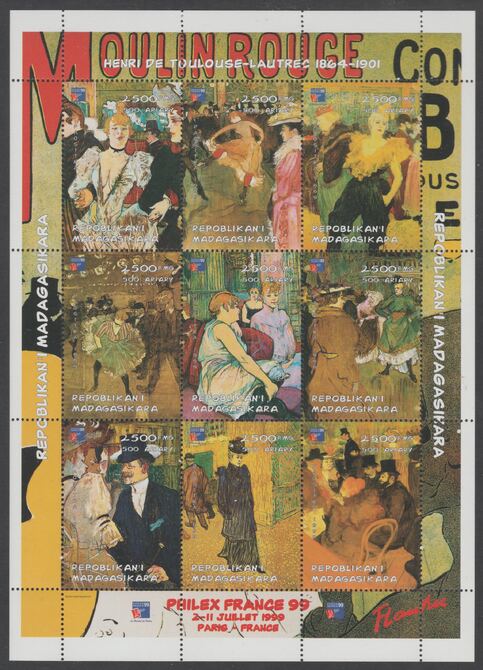Madagascar  1998Paintings by Toulouse Lautrec perf sheetlet containing 9 values with Philex 99 imprint unmounted mint. Note this item is privately produced and is offered purely on its thematic appeal, stamps on arts, stamps on lautrec, stamps on stamp exhibitions