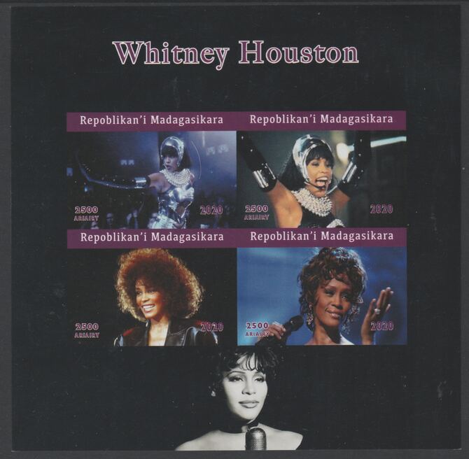 Madagascar 2020 Whitney Houston imperf sheetlet containing 4 values unmounted mint. Note this item is privately produced and is offered purely on its thematic appeal, stamps on music, stamps on  pops, stamps on  rock, stamps on 