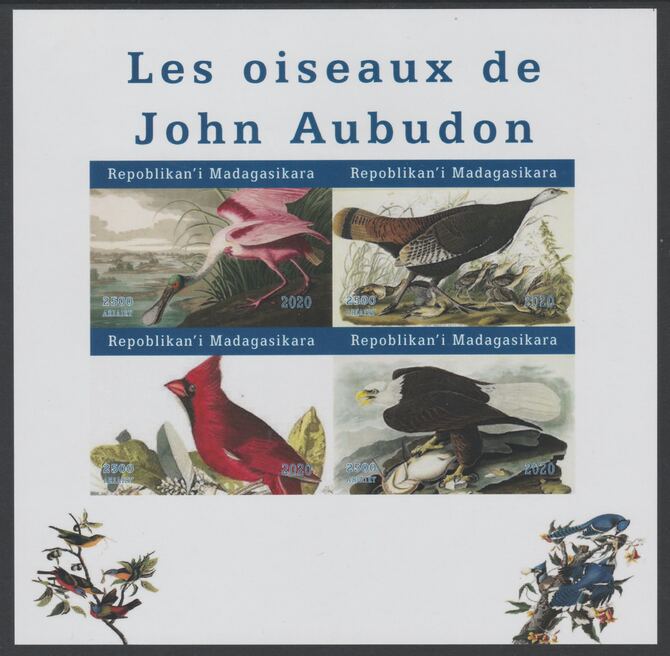 Madagascar 2020 Birds of John Audubon imperf sheetlet containing 4 values unmounted mint. Note this item is privately produced and is offered purely on its thematic appeal, stamps on personalities, stamps on audubon, stamps on birds