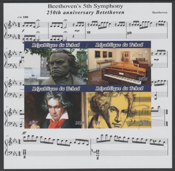 Chad 2020 Beethoven imperf sheetlet containing 4 values unmounted mint. Note this item is privately produced and is offered purely on its thematic appeal, stamps on music, stamps on composers, stamps on beethoven