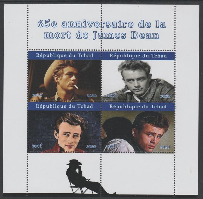 Chad 2020 James Dean 65th Death Anniversary perf sheetlet containing 4 values unmounted mint. Note this item is privately produced and is offered purely on its thematic a..., stamps on films, stamps on cinema, stamps on movies