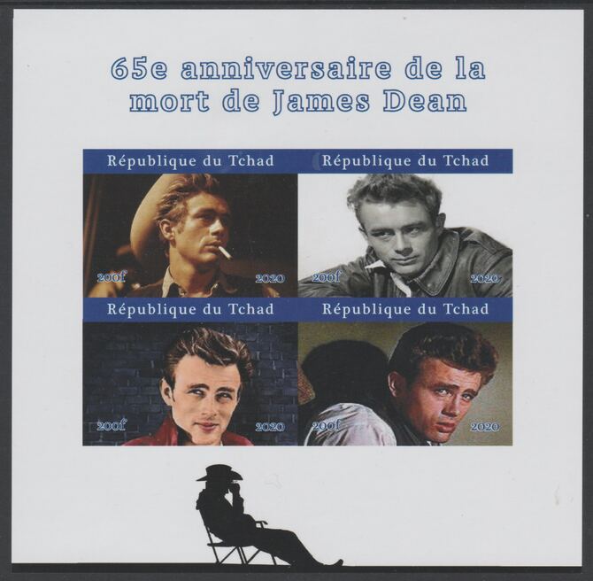 Chad 2020 James Dean 65th Death Anniversary imperf sheetlet containing 4 values unmounted mint. Note this item is privately produced and is offered purely on its thematic..., stamps on films, stamps on cinema, stamps on movies