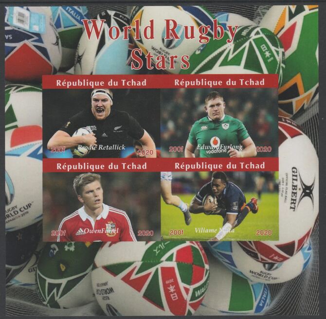 Chad 2020 Rugby World Stars imperf sheetlet containing 4 values unmounted mint. Note this item is privately produced and is offered purely on its thematic appeal, stamps on sport, stamps on rugby