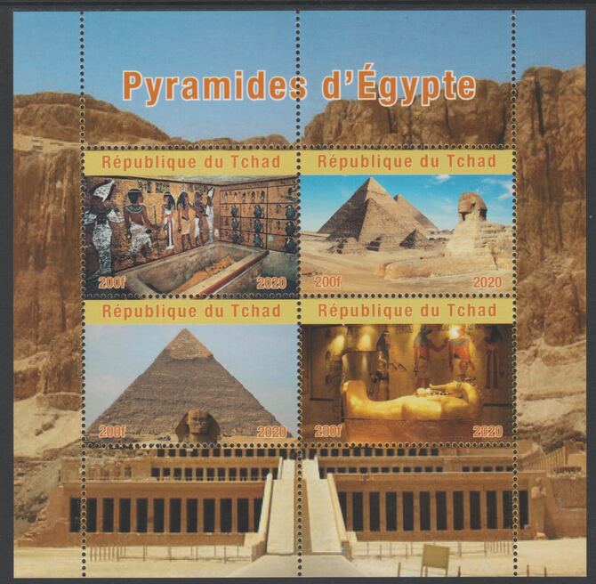 Chad 2020 Pyramids of Egypt perf sheetlet containing 4 values unmounted mint. Note this item is privately produced and is offered purely on its thematic appeal, stamps on pyramids, stamps on tourism, stamps on egyptology