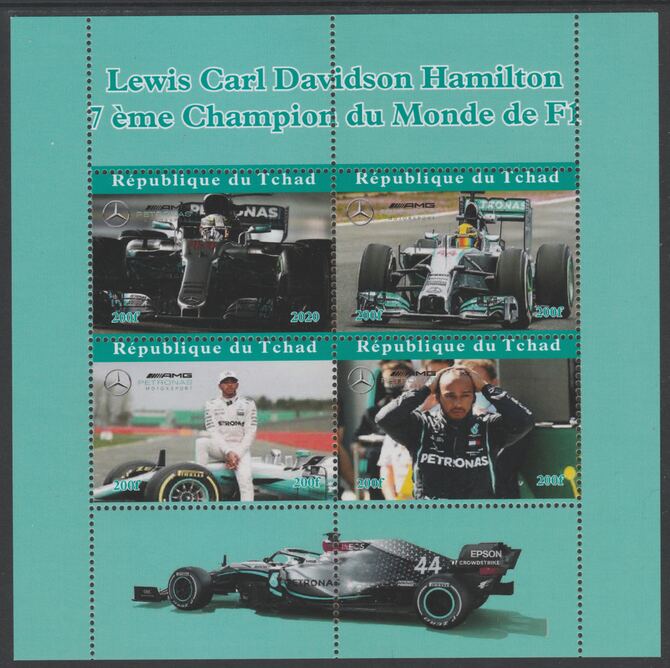 Chad 2020 Lewis Hamilton F1 Champion perf sheet containing 4 values unmounted mint. Note this item is privately produced and is offered purely on its thematic appeal, stamps on personalities, stamps on  f1 .formula 1, stamps on hamilton, stamps on cars