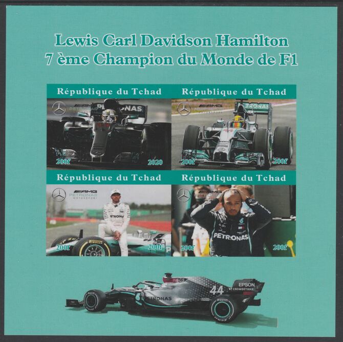 Chad 2020 Lewis Hamilton F1 Champion imperf sheet containing 4 values unmounted mint. Note this item is privately produced and is offered purely on its thematic appeal, stamps on personalities, stamps on  f1 .formula 1, stamps on hamilton, stamps on cars
