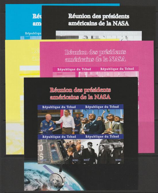 Chad 2020 US Presidential Visits to NASA - imperf sheetlet containing 4 values - the set of  5 progressive proofs comprising the 4 individual colours and completed design..., stamps on kennedy, stamps on usa presidents, stamps on americana, stamps on nasa, stamps on space, stamps on obama