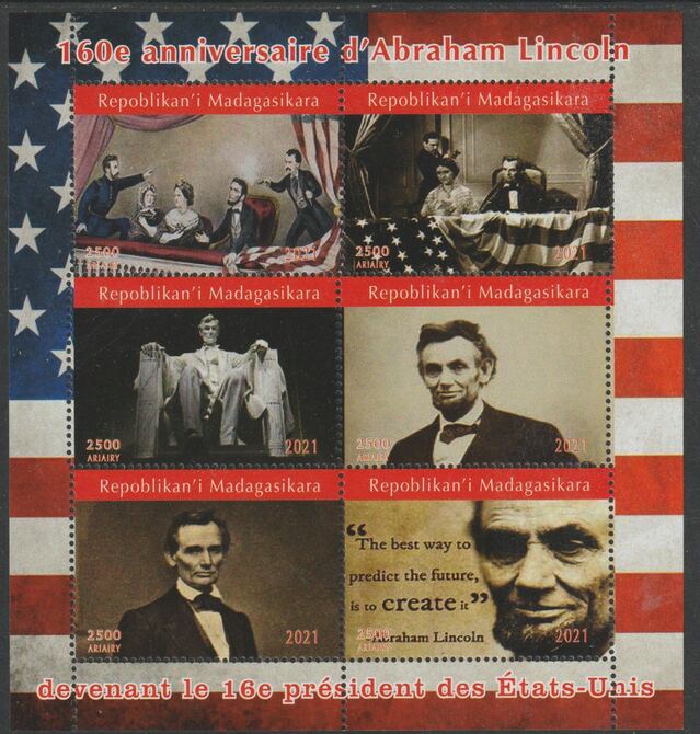 Madagascar 2021 160th Anniversary of Inauguration of Abraham Lincoln perf sheetlet containing 6 values unmounted mint. Note this item is privately produced and is offered..., stamps on personalities, stamps on us presidents, stamps on lincoln, stamps on americana, stamps on theatres