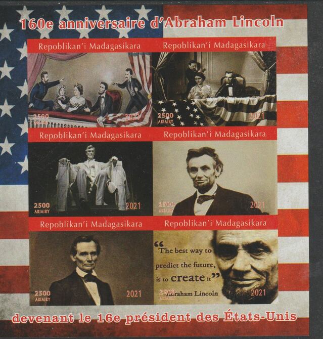 Madagascar 2021 160th Anniversary of Inauguration of Abraham Lincoln imperf sheetlet containing 6 values unmounted mint. Note this item is privately produced and is offer..., stamps on personalities, stamps on us presidents, stamps on lincoln, stamps on americana, stamps on theatres