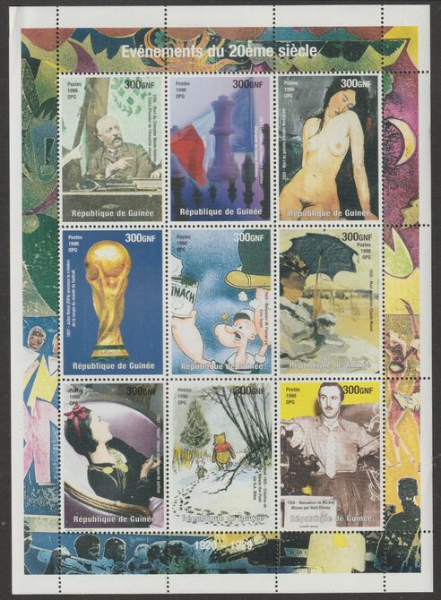 Guinea - Conakry 1998 Events of the 20th Century 1920-1929 perf sheetlet containing 9 values unmounted mint. Note this item is privately produced and is offered purely on its thematic appeal , stamps on millenium, stamps on chess, stamps on arts, stamps on football, stamps on cartoons, stamps on monet, stamps on teddy, stamps on bears, stamps on disney, stamps on , stamps on sport
