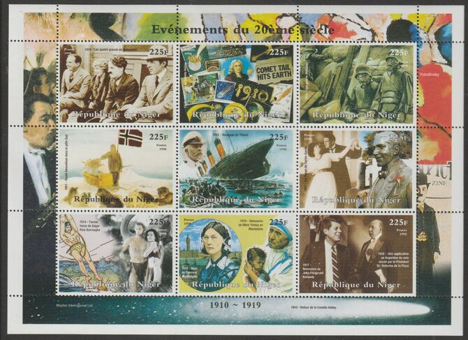 Niger Republic 1998 Events of the 20th Century 1910-1919 perf sheetlet containing 9 values unmounted mint. Note this item is privately produced and is offered purely on its thematic appeal , stamps on , stamps on  stamps on millenium, stamps on  stamps on chaplin, stamps on  stamps on movies, stamps on  stamps on films, stamps on  stamps on halley, stamps on  stamps on , stamps on  stamps on  ww1 , stamps on  stamps on , stamps on  stamps on polar, stamps on  stamps on titanic, stamps on  stamps on kennedy, stamps on  stamps on medical