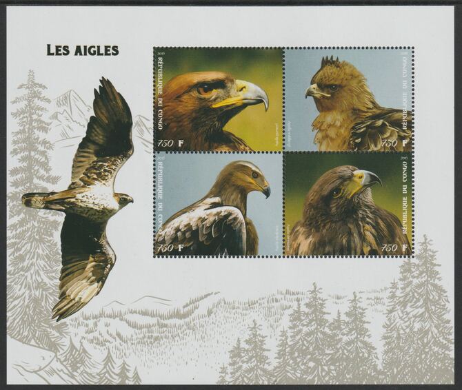 Congo 2019 Eagles perf sheet containing four values unmounted mint, stamps on , stamps on  stamps on birds, stamps on  stamps on birds of prey, stamps on  stamps on eagles