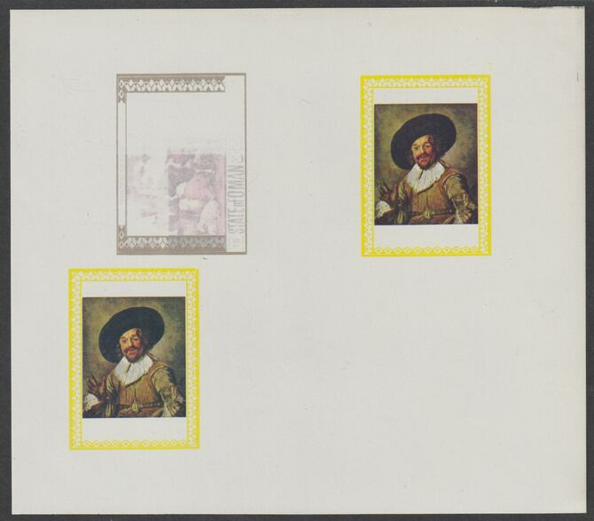 Oman 1972 Classic Paintings imperf proof #1 containing two partial impressions of 0.5b The Jolly Toper by Frans Hals plus a partial impression of 15b The Young Bull by Pa..., stamps on arts, stamps on bull, stamps on bovine, stamps on hals, stamps on renaissance