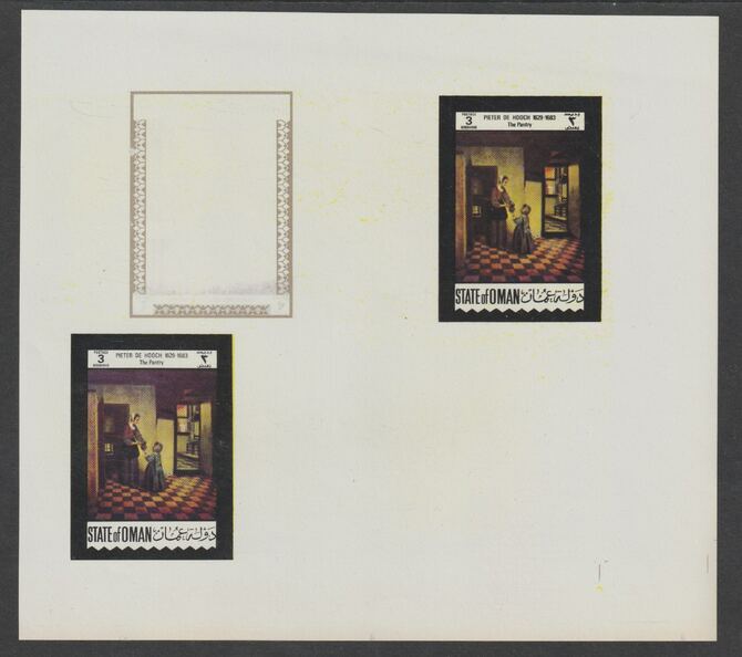 Oman 1972 Classic Paintings imperf proof #5 containing two partial impressions of 3b The Pantry by Pieter de Hooch plus a partial impression of 4b An Oriental by Rembrand..., stamps on arts, stamps on hooch, stamps on rembrandt, stamps on renaissance