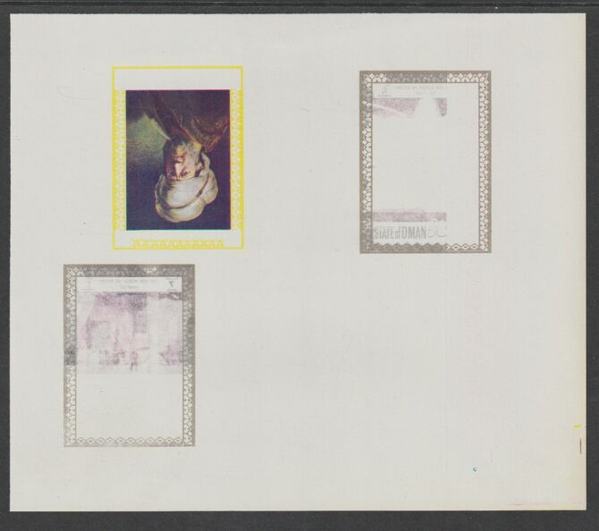 Oman 1972 Classic Paintings imperf proof #6 containing two partial impressions of 3b The Pantry by Pieter de Hooch plus a partial impression of 4b An Oriental by Rembrand..., stamps on arts, stamps on hooch, stamps on rembrandt, stamps on renaissance
