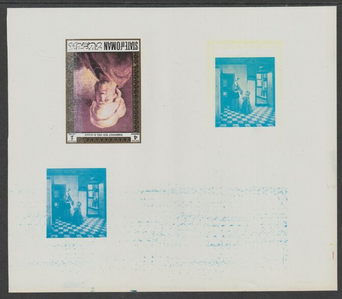 Oman 1972 Classic Paintings imperf proof #8 containing two partial impressions of 3b The Pantry by Pieter de Hooch plus a partial impression of 4b An Oriental by Rembrand..., stamps on arts, stamps on hooch, stamps on rembrandt, stamps on renaissance