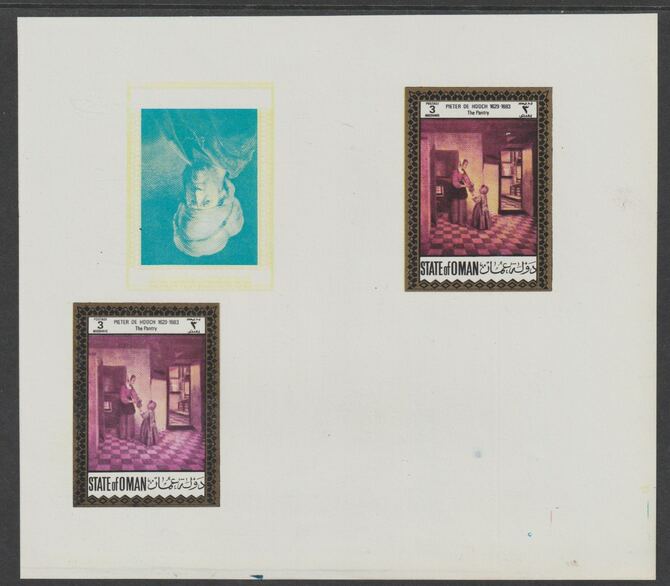 Oman 1972 Classic Paintings imperf proof #9 containing two partial impressions of 3b The Pantry by Pieter de Hooch plus a partial impression of 4b An Oriental by Rembrand..., stamps on arts, stamps on hooch, stamps on rembrandt, stamps on renaissance