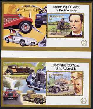 St Vincent 1987 Centenary of Motoring (with Designers) set of 4 m/sheets (2 pairs from uncut proof sheets) unmounted mint SG MS 1089, stamps on cars, stamps on personalities, stamps on transport, stamps on ford, stamps on benz, stamps on ferrari, stamps on rolls royce