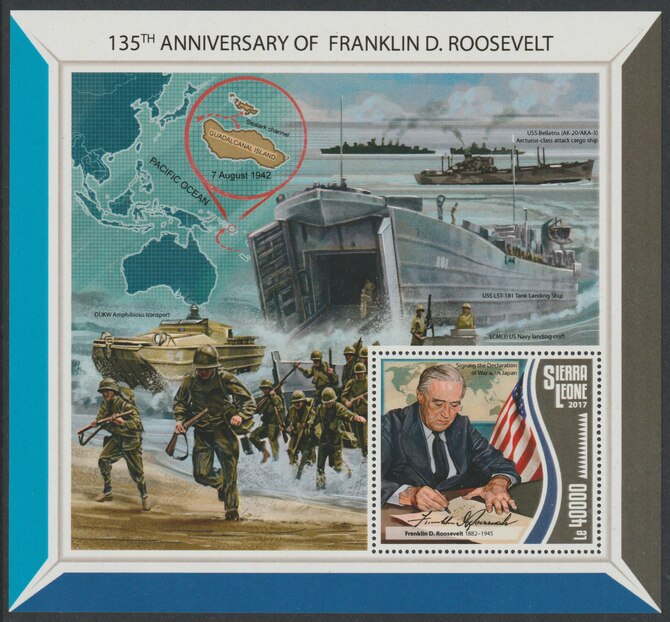 Sierra Leone 2017 Franklin D Roosevelt 135th Birth Anniv large perf deluxe sheet containing one value unmounted mint, stamps on roosevelt, stamps on usa presidents, stamps on  ww2 , stamps on ships