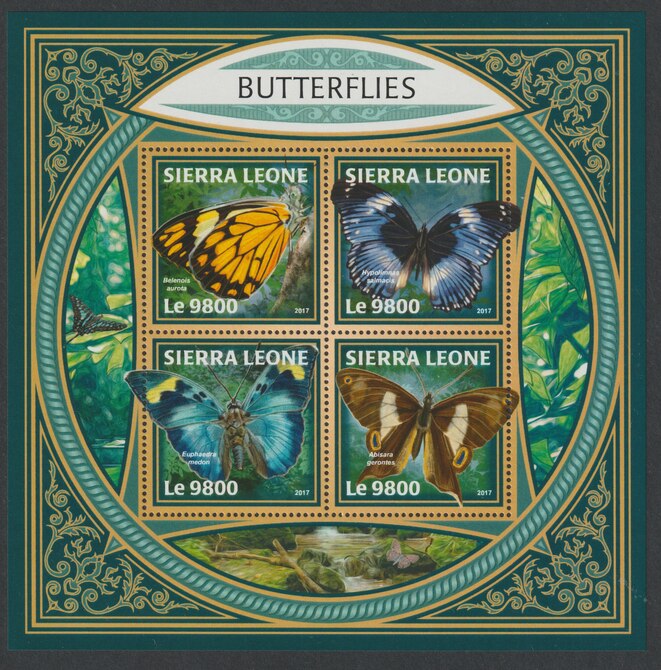 Sierra Leone 2017 Butterflies #2 perf sheetlet containing 4 values unmounted mint, stamps on butterflies