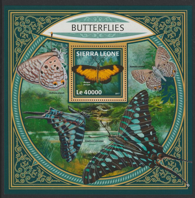 Sierra Leone 2017 Butterflies #2 large perf deluxe sheet containing one value unmounted mint, stamps on butterflies
