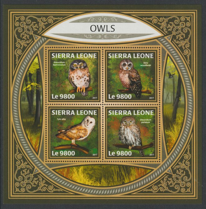 Sierra Leone 2017 Owls #4 perf sheetlet containing 4 values unmounted mint, stamps on birds, stamps on birds of prey, stamps on owls