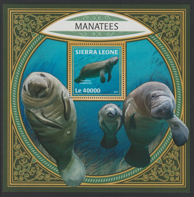 Sierra Leone 2017 Manatees large perf deluxe sheet containing one value unmounted mint, stamps on marine life, stamps on manatees