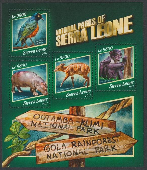 Sierra Leone 2017 National Parks of Sierra Leone perf sheetlet containing 4 values unmounted mint, stamps on parks, stamps on tourism, stamps on animals, stamps on birds