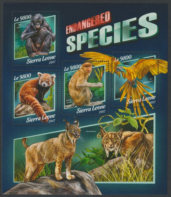Sierra Leone 2017 Endangered Species perf sheetlet containing 4 values unmounted mint, stamps on animals, stamps on birds