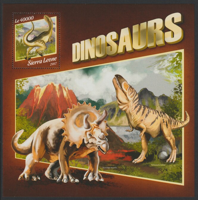 Sierra Leone 2017 Dinosaurs #2 large perf deluxe sheet containing one value unmounted mint, stamps on dinosaurs