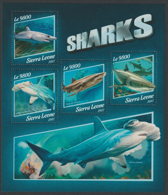 Sierra Leone 2017 Sharks perf sheetlet containing 4 values unmounted mint, stamps on fish, stamps on sharks