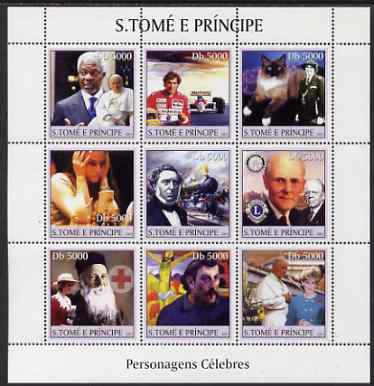 St Thomas & Prince Islands 2003 Personalities #1 perf sheet containing 9 values unmounted mint, Mi 2420-28, stamps on personalities, stamps on nobel, stamps on mandela, stamps on pope, stamps on formala 1, stamps on  f1 , stamps on animals, stamps on arts, stamps on diana, stamps on royalty, stamps on cats, stamps on red cross, stamps on chess, stamps on railways, stamps on rotary, stamps on lions int, stamps on dunant, stamps on personalities, stamps on mandela, stamps on nobel, stamps on peace, stamps on racism, stamps on human rights