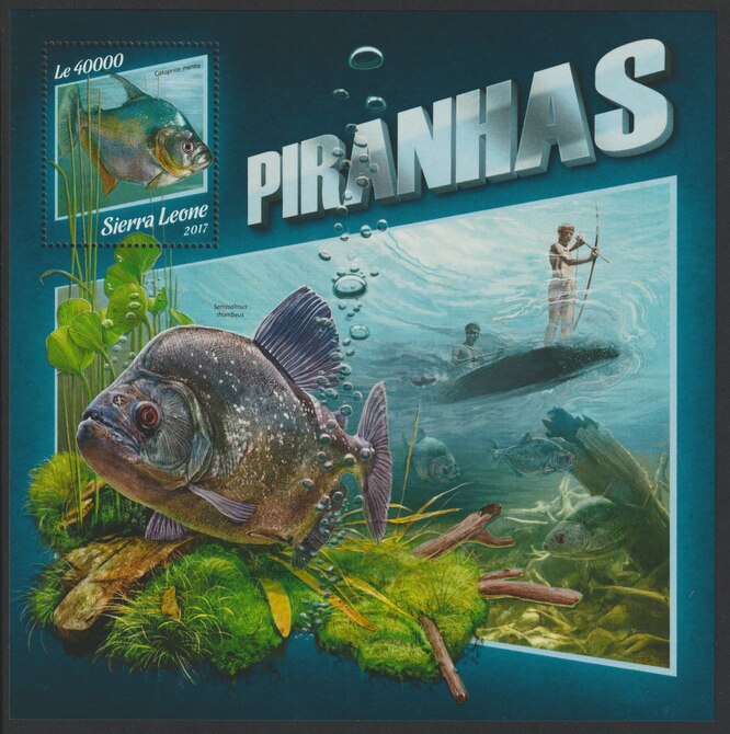 Sierra Leone 2017 Piranhas large perf deluxe sheet containing one value unmounted mint, stamps on fish, stamps on piranhas